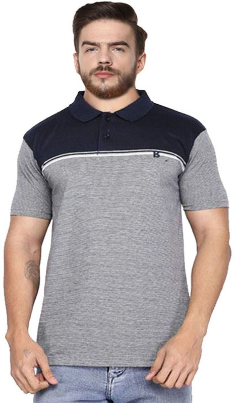 london eye Striped Men Polo Neck Grey T-Shirt