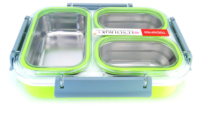magnas Magnas™ Tedemei Stainless Steel Lunch Box with 3 Compartments 1.2ltrs, Tiffin Box, Snacks Box with removable inner bowls (Green) 3 Containers Lunch Box(1200 ml)