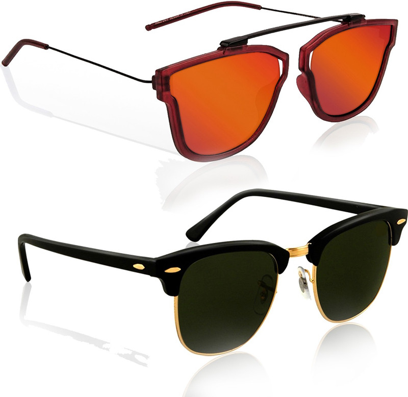 Knotyy Retro Square, Clubmaster Sunglasses(Orange, Green)