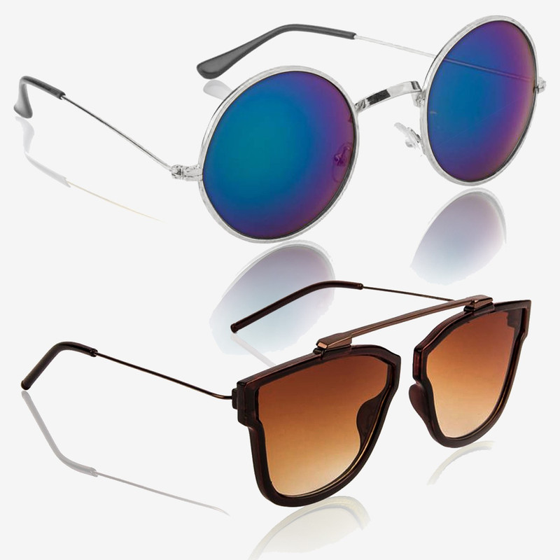 Knotyy Retro Square, Round Sunglasses(Blue, Brown)