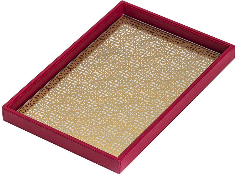 sammsara Florina Red & Gold Pattern Glass Printed Decorative Leatherite Tray Polyresin Decorative Platter(Gold, Red)