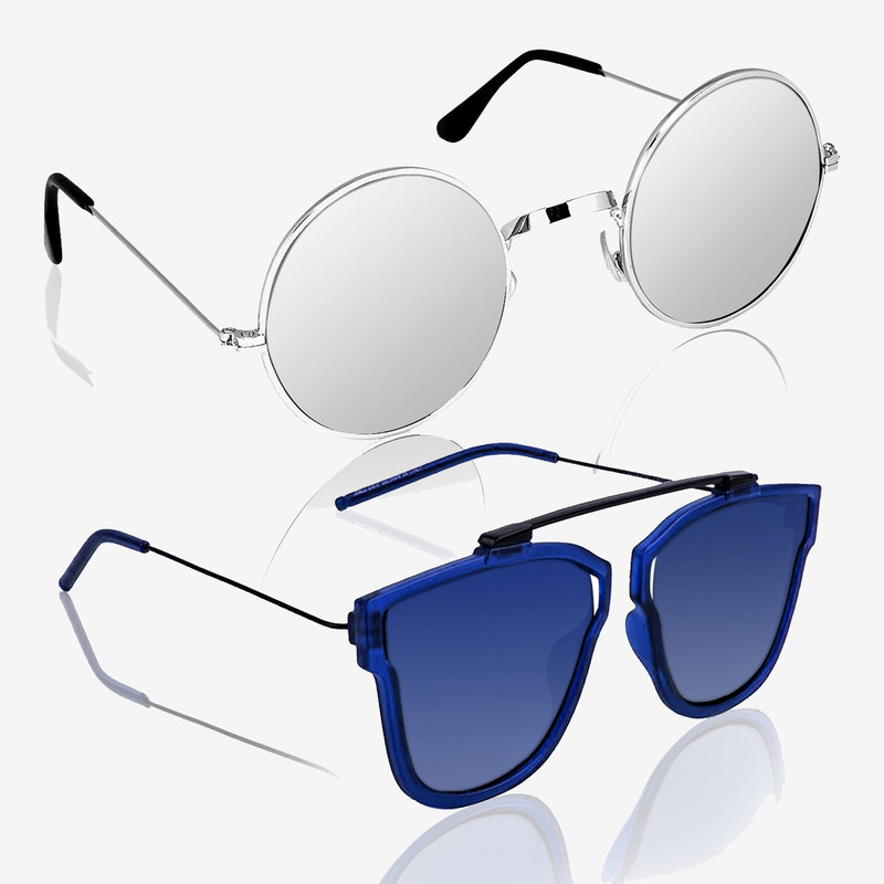 Knotyy Round, Retro Square Sunglasses(Silver, Blue)