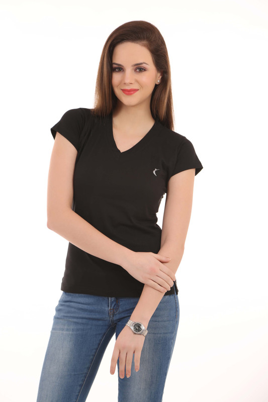 Rzlecort Solid Women V-neck Black T-Shirt
