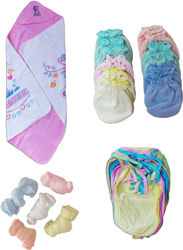 Dolphin52 Combo set 0f 4. 1.Baby blanket, 2. 12pcs baby gloves, 3. 12 pcs baby langot, 4. 5pcs baby socks. AGE:1-5 months(Multicolor)