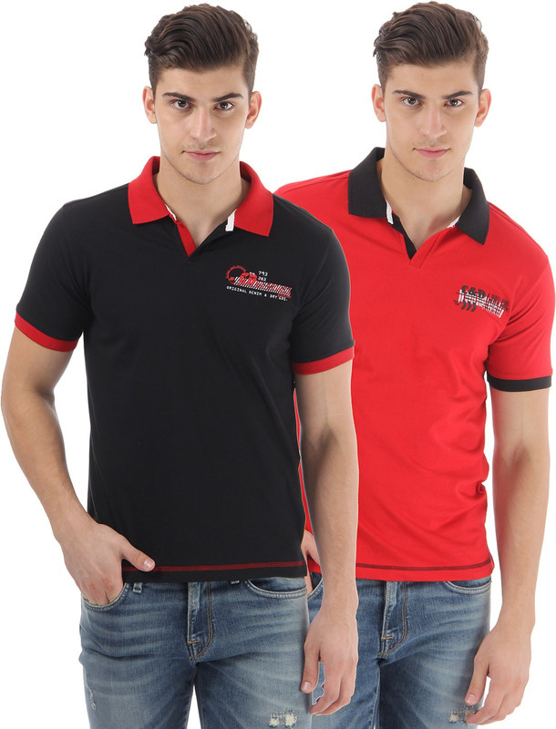 Cloak & Decker Solid Men Polo Neck Black, Red T-Shirt(Pack of 2) Cloak & Decker Solid Men Polo Neck Black, Red T-Shirt(Pack of 2)