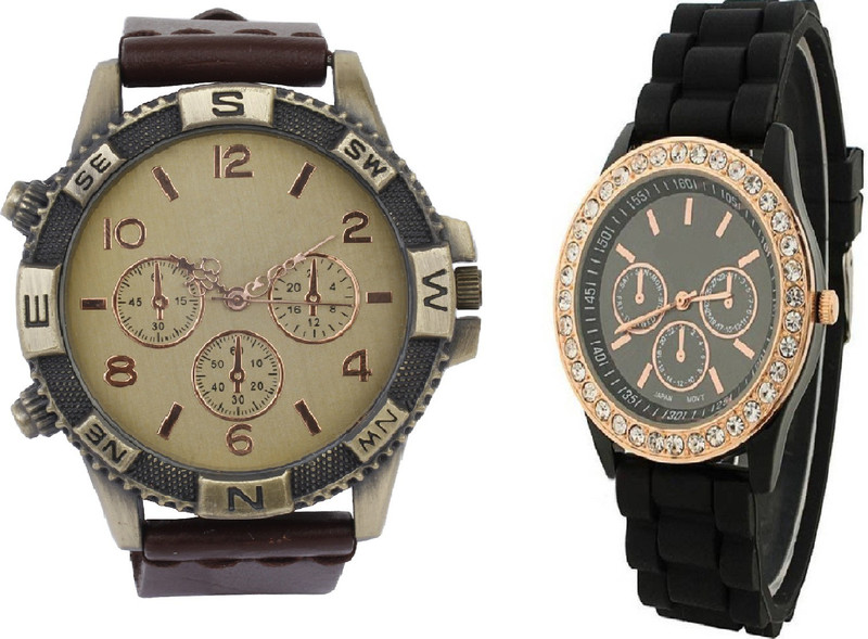 declasse geneva chronograph pattern brown direction men watch with black geneva party wear diamond studded women watch Analog Watch  - For Couple