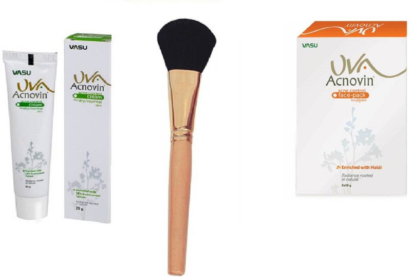 uva Acnovin Cream for Dry & Normal Skin (25g) , Face Pack (2 x 25g) with brush(3 Items in the set)