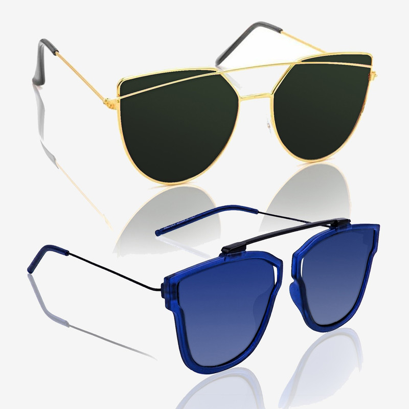 Knotyy Cat-eye, Retro Square Sunglasses(Green, Blue)
