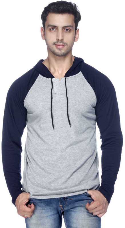 glitz mode Solid Men Hooded Blue, Grey T-Shirt