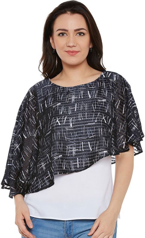 fabnest Casual Cape Sleeve Self Design Women Dark Blue Top