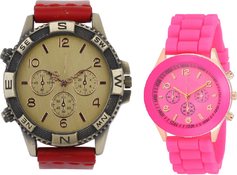 declasse Geneva chronograph pattern red direction men watch with pink party wear women Analog-Digital Watch  - For Couple