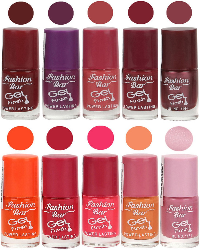 Fashion Bar Velvet Gel Finish Nail Polish Red, Purple, Pink, Orange, Purple(60 ml, Pack of 10)