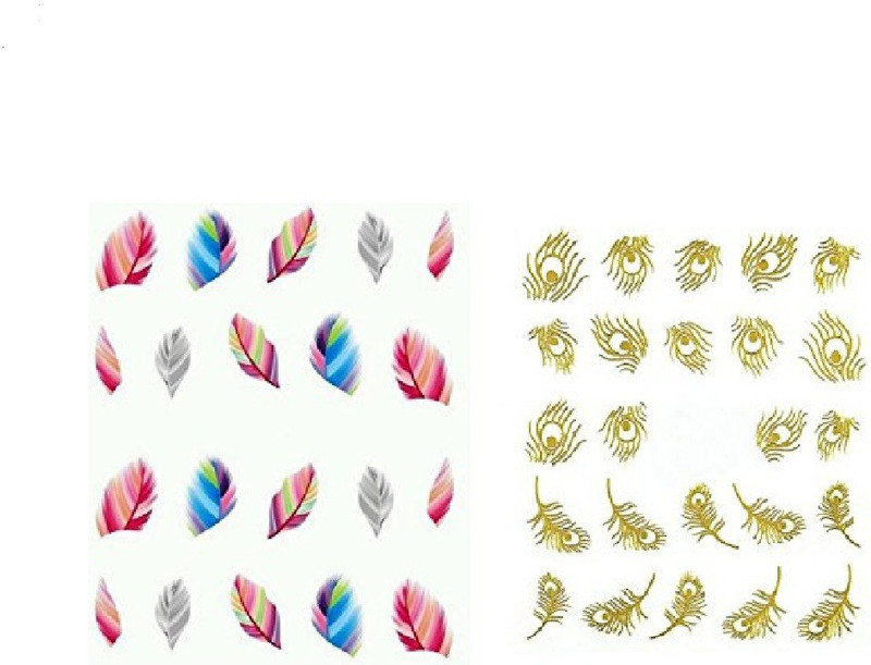 stz Multicolour And Gold Feather Nail Stickers Combo, 2 Pieces.(multicolor)