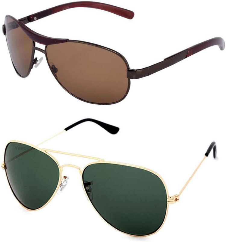 Yaadi Wrap-around, Aviator Sunglasses(Green, Brown)