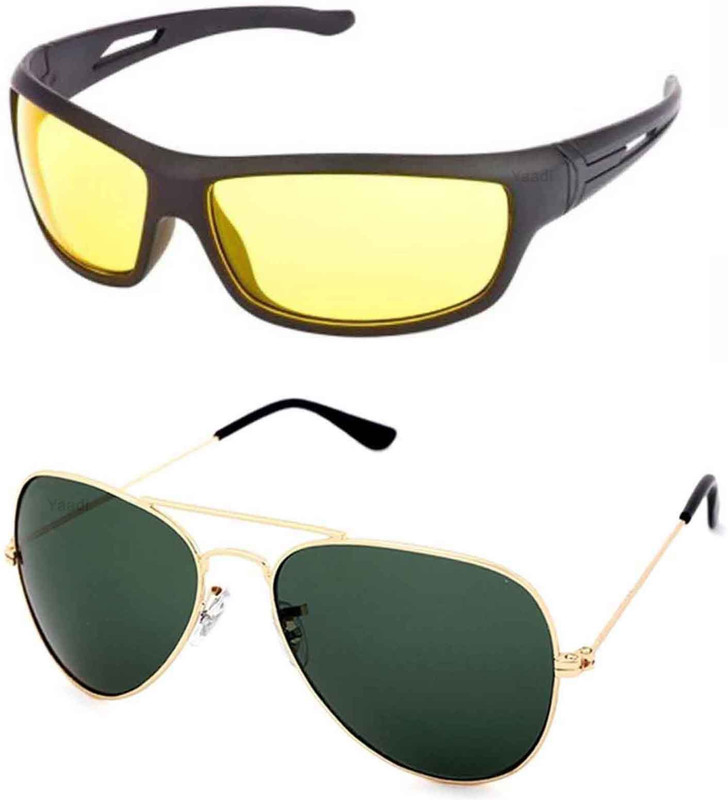 Yaadi Wrap-around, Aviator Sunglasses(Green, Yellow)