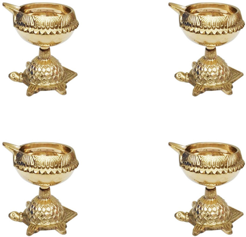 pooja 100% Brass Golden 4 Diya Batti With Tortoise Design SMALL Brass (Pack of 2) Table Diya Set(Height: 2 inch)
