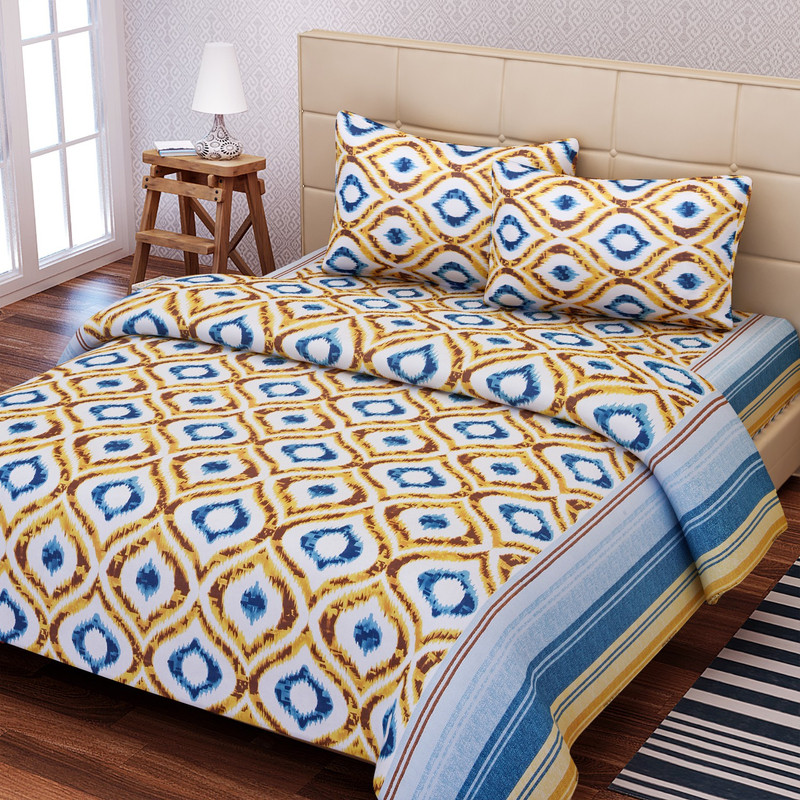 SEJ by Nisha Gupta 144 TC Cotton Double Geometric Bedsheet(1 Bedsheet, 2 Pillow Covers, Brown)