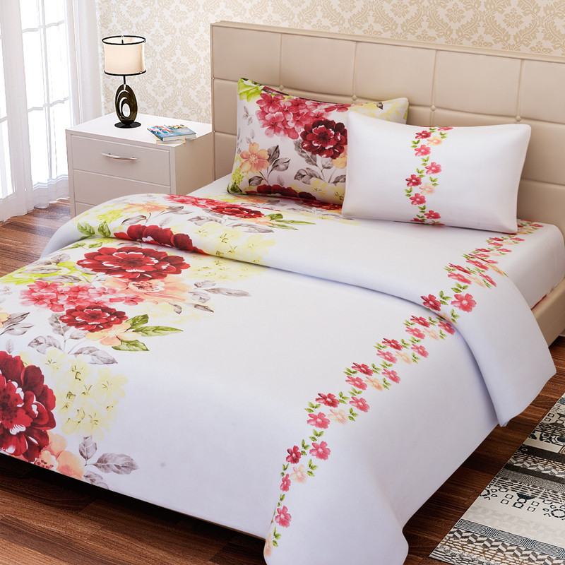 SEJ by Nisha Gupta 180 TC Cotton Double King Floral Bedsheet(1 Bedsheet, 2 Pillow Covers, Red)