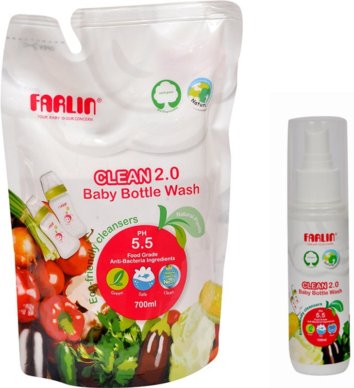Farlin Eco-Friendly Liquid Cleanser 2.0 for Baby Bottles, Accessories, Fruits and Vegetables (Refill Pack 700ml) with Eco-Friendly Liquid Cleanser Spray (100ml)(White)