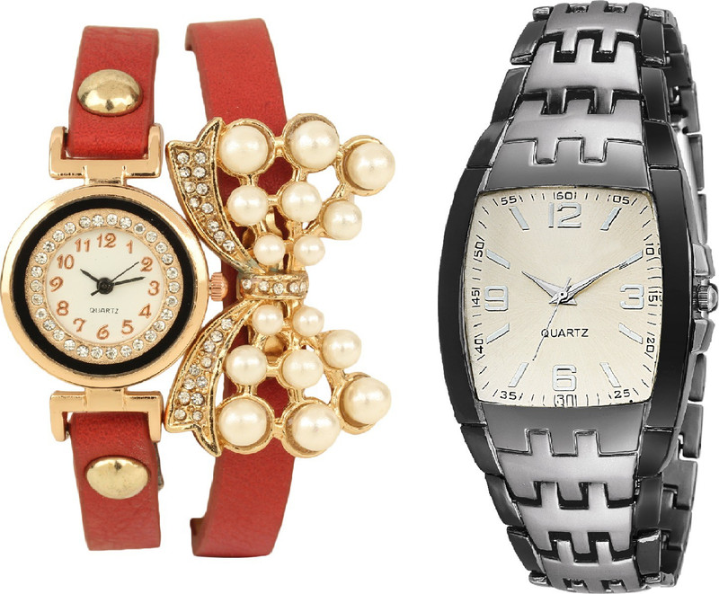 declasse silver grey two tone collection men watch with butterfly pendent ladies bracelet party wear combo of two Analog Watch  - For Couple