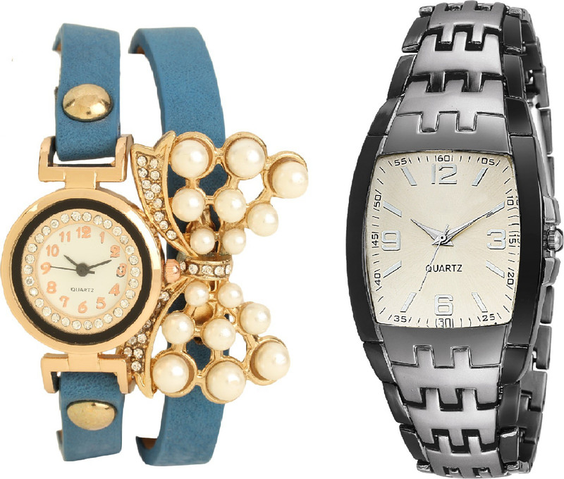 declasse silver grey two tone collection men watch with butterfly pendent ladies bracelet party wear combo of two Analog Watch  - For Couple