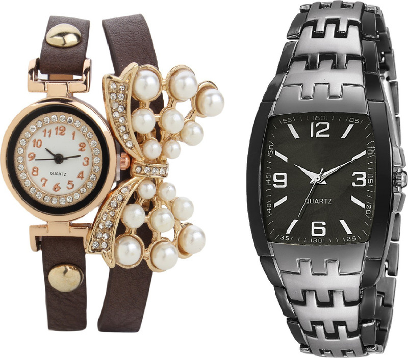 declasse silver grey two tone collection men watch with butterfly pendent ladies bracelet party wear Analog Watch  - For Couple