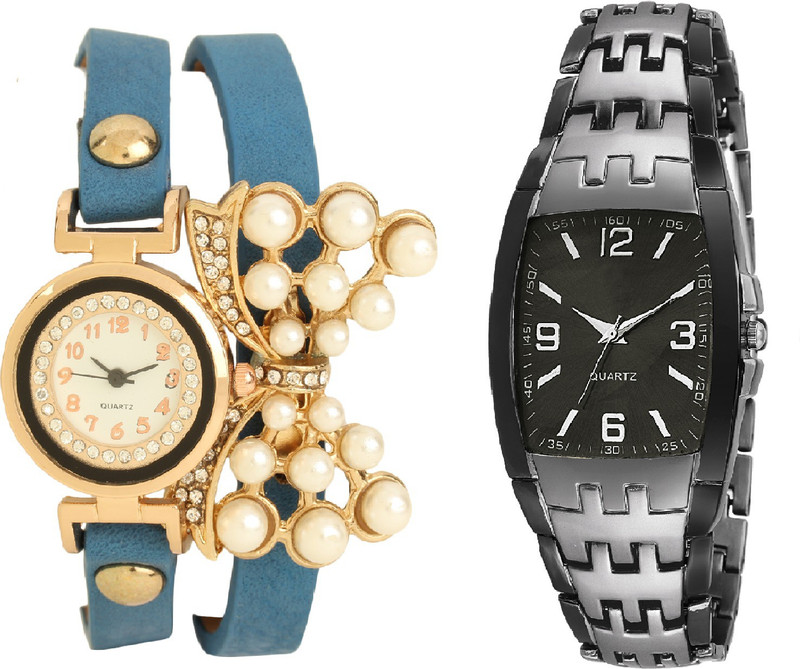 declasse silver grey two tone collection men watch with butterfly pendent ladies bracelet party wear Analog Watch  - For Couple
