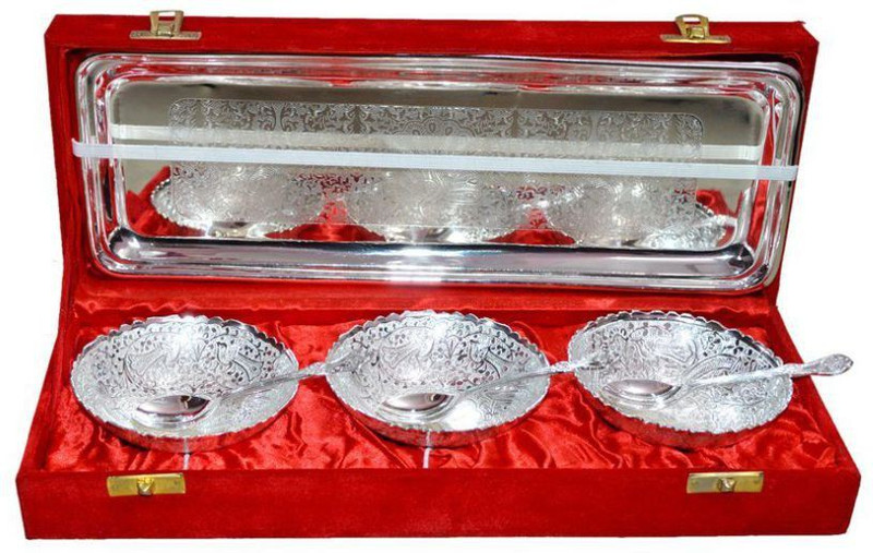 goyam Three Bowl set with tray & silver plated Tray Set
