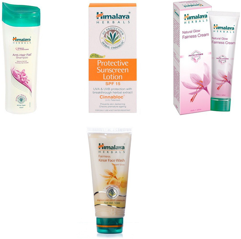 Himalaya Anti Hair Fall Shampoo, Protective Sunscreen Lotion, Natural Glow Fairness Cream, Fairness Kesar Face Wash(Set of 4)