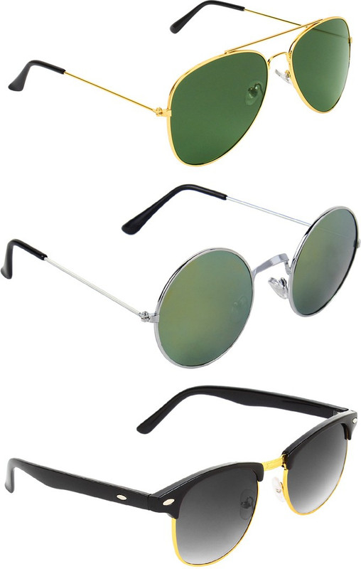 Abner Aviator, Round, Clubmaster Sunglasses(Green, Multicolor, Black) Abner Aviator, Round, Clubmaster Sunglasses(Green, Multicolor, Black)