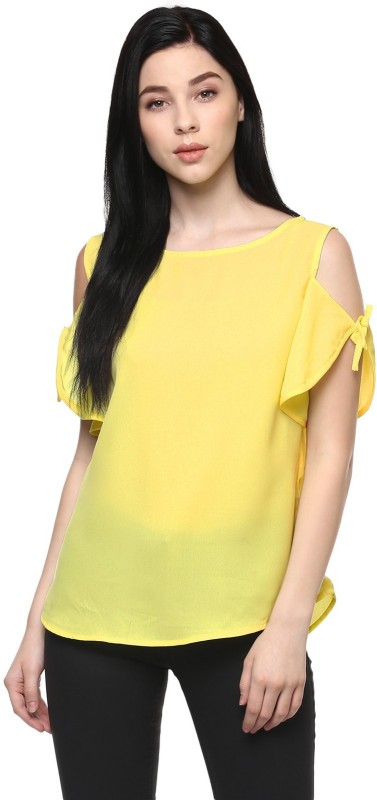 Pannkh Casual Short Sleeve Printed, Solid Women Yellow Top