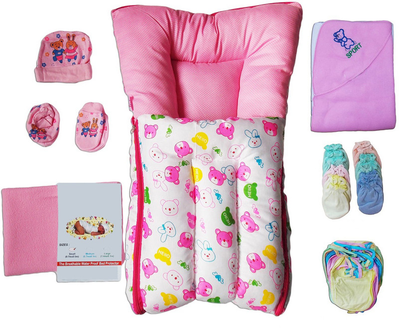 Dolphin52 Combo set of 6 , baby bed, dry mat, cap towel, langot 12 pc, hand gloves 12 pc, baby cap with mitten. for babies of AGE: 0-4 MONTHS(Multicolor)