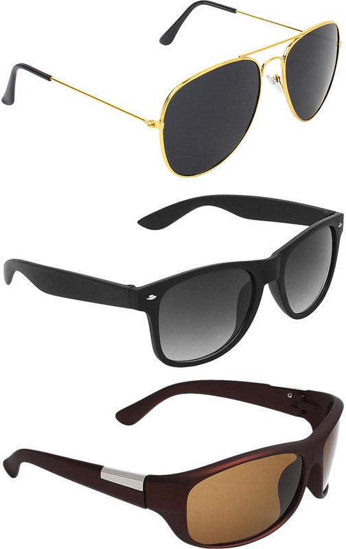 Abner Aviator, Wayfarer, Wrap-around Sunglasses(Black, Black, Brown) Abner Aviator, Wayfarer, Wrap-around Sunglasses(Black, Black, Brown)