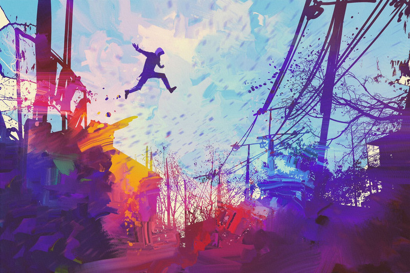 man jumping on roof abstract canvas art Canvas Art(16 inch X 24 inch, Rolled)
