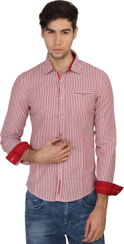 Calvin Klein Men Striped Casual Red, White Shirt