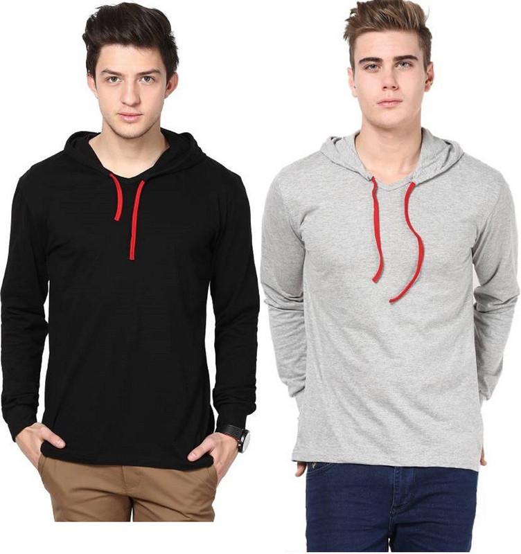 steadman Solid Men Hooded Black T-Shirt(Pack of 2)