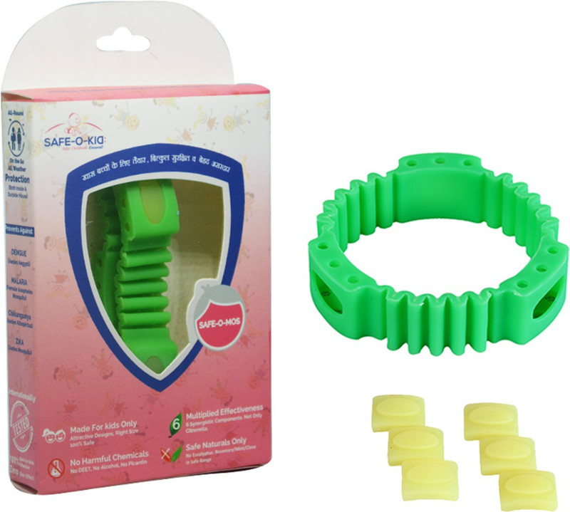 Safe-O-Kid GREEN TRIPLE POWER Anti-Mosquito Band + 6 FREE Mosquito Patches + 6 Refills, DEET-Free, Reusable, Baby Mosquito Repellent Band