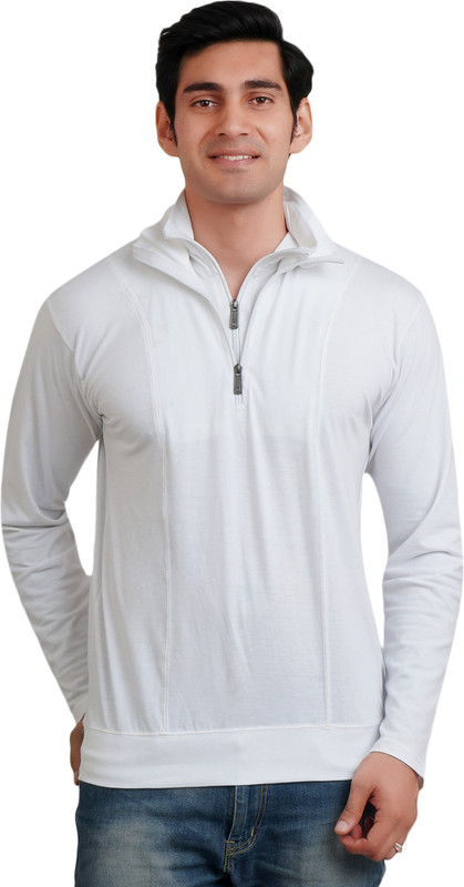 risess Solid Men Mandarin Collar White T-Shirt
