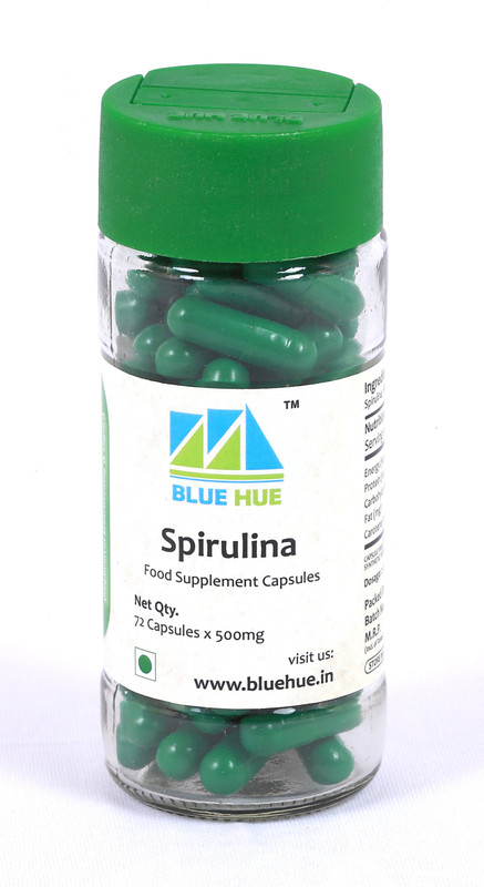 blue hue Spirulina VEG Capsules - 72 capsules (500mg each)(72 No)