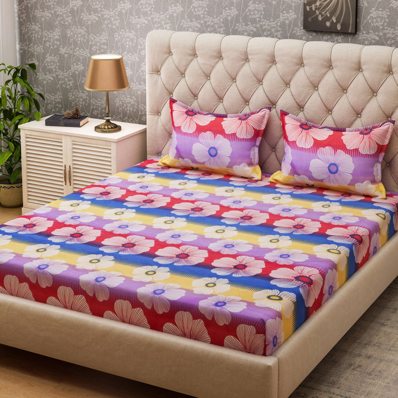 Bombay Dyeing 160 TC Polyester Double Abstract Bedsheet(1 Double Bedsheet + 2 Pilow Cover, White)