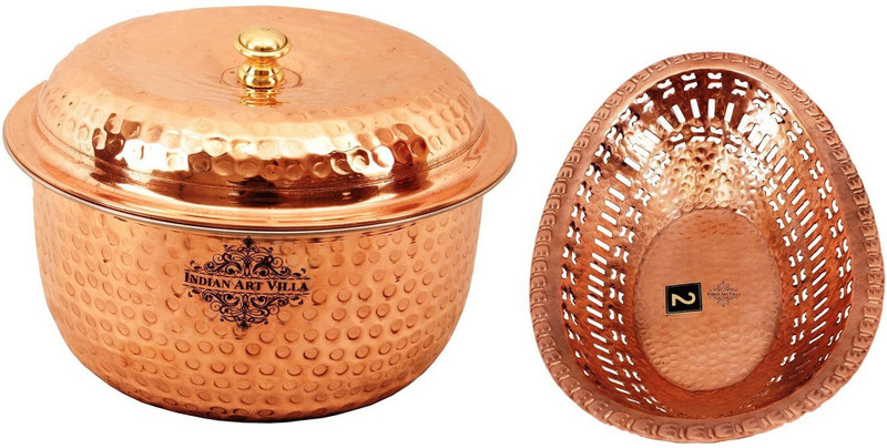 IndianArtVilla Steel Copper Casserole with 1 Copper Bread Basket Pack of 2 Casserole(1200 ml)