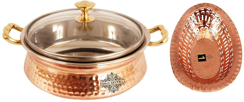 IndianArtVilla Steel Copper Tuffen Casserole with 1 Copper Bread Basket Pack of 2 Casserole(810 ml)