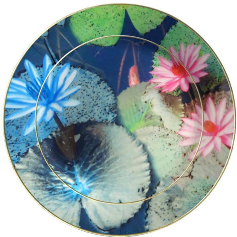 fabulloso Leaf Designs Blue and Pink Lotus Ceramic Dinner Plate Charger Plate