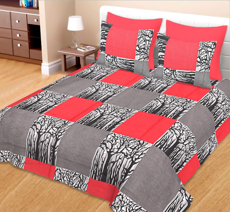 AVIGHNA Cotton Double King Printed Bedsheet(Pack of 1, Grey Red)