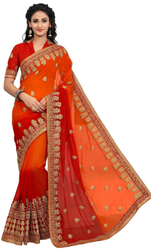 onlinefayda Embroidered Fashion Poly Georgette Saree(Orange)