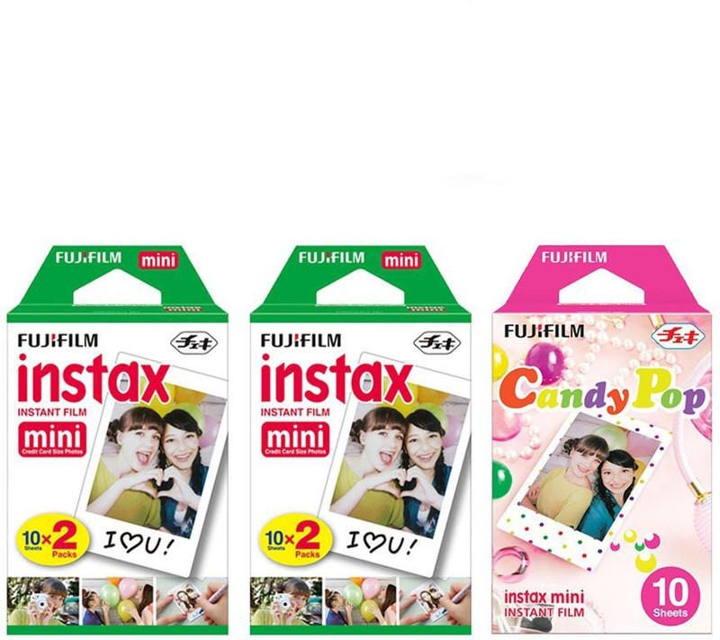 Fujifilm Instax MIni White (10x4), 20 Stickers, Candy Pop (10x1) Film Roll(Yes 800 ISO Pack of 3)