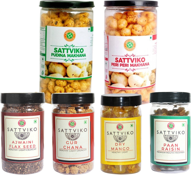 Sattviko Pet Jar Special Snacks Combo(Pet Jar-Pudina Makhana, Peri Peri Makhana, Ajwaini Flax Seed, Paan Raisins, Gur Chana & Dry Mango), 550 gms Combo(550)