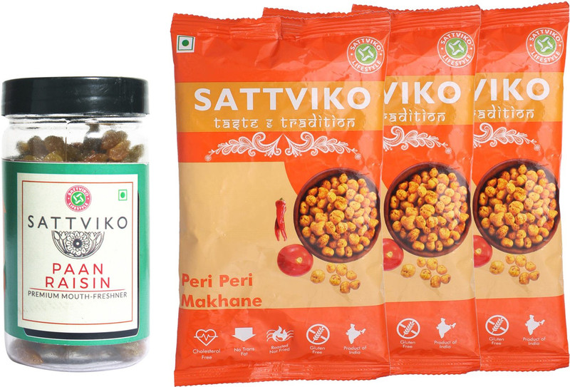 Sattviko Snacks Combo (Peri Peri Makhana - Pack of 3 and Paan Raisin - Pack of 1), 163 grams Combo(163)
