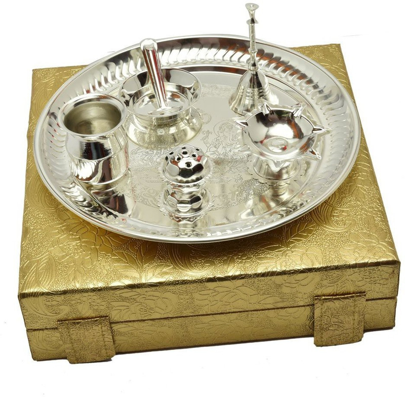 international gift German Silver Pooja Thali Set With Velvet Box Packing - Occasional Gift, Pooja Thali Decorative Brass(6 Pieces, Silver)