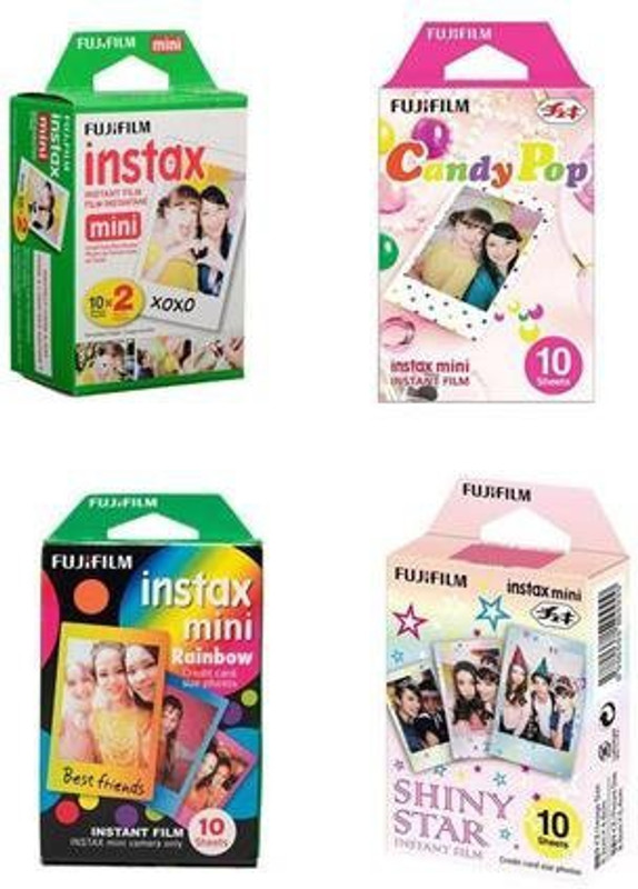 Fujifilm Instax Mini White(10X2), Candy Pop, Rainbow, Shiny Star Film Roll(Yes 800 ISO Pack of 4)